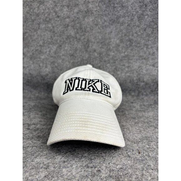 Nike Hat Cap Strap Back White Black Embroidered Wordmark Swoosh Athletic Mens - Picture 1 of 7